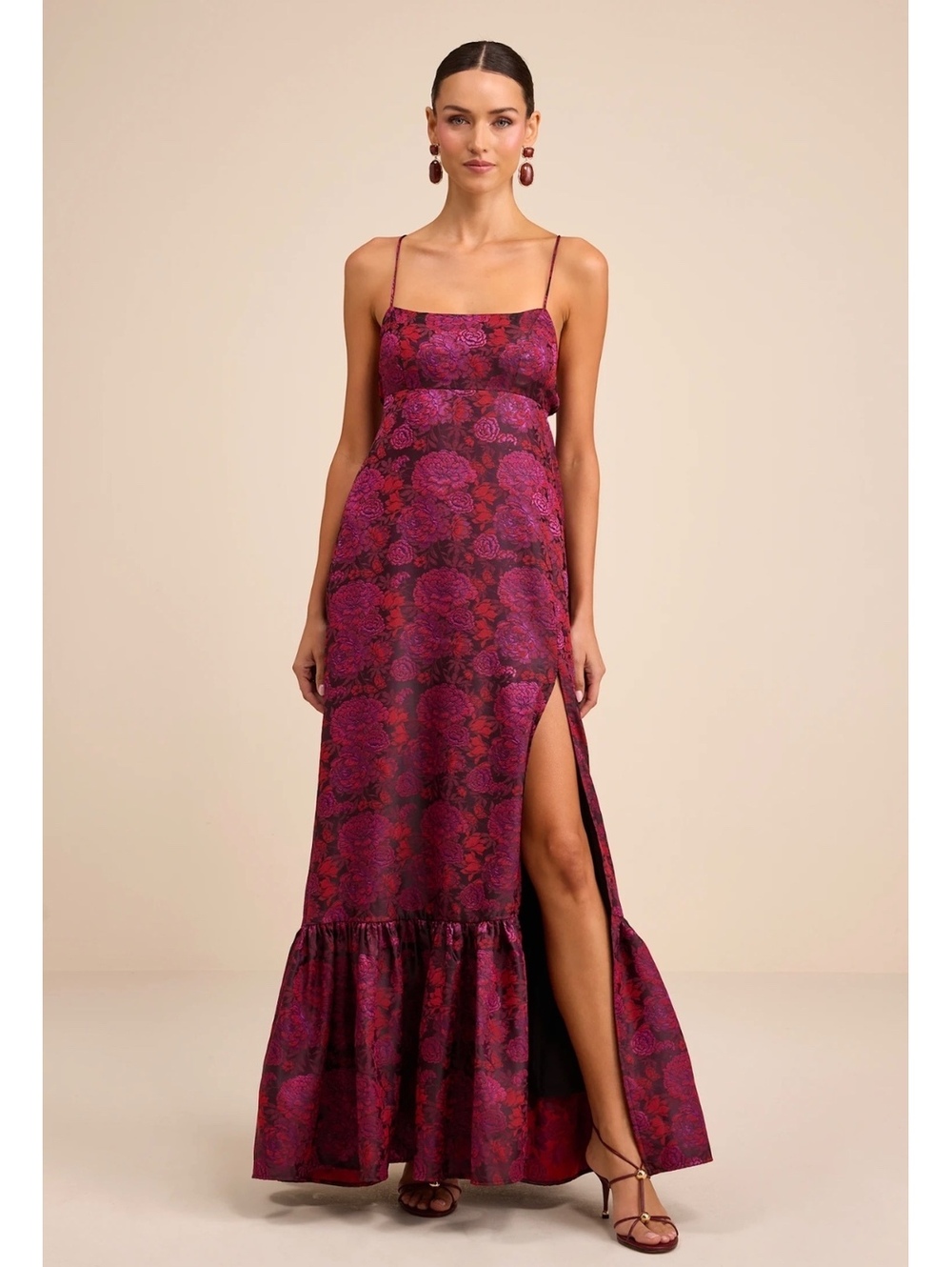 NWT Lulus Jasiel Burgundy Jacquard Lace Up Tiered Maxi Dress Small